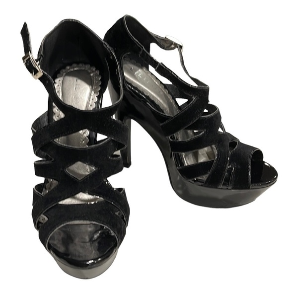 Liliana Anura Faux Velvet Suede and Patent Leather Heeled Platform Sandal SZ 6.5 - Picture 1 of 10